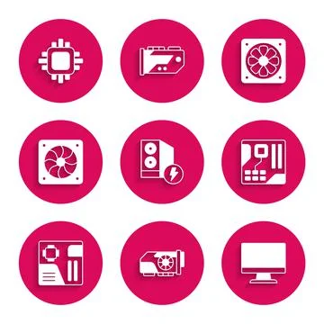 Set Case of computer, Video graphic card, Computer monitor screen, Motherboard Stock Illustration