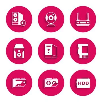 Set Case of computer, Video graphic card, Hard disk drive HDD, SD Illustrazione stock