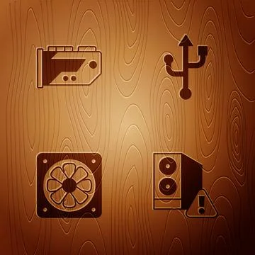 Set Case of computer, Video graphic card, Computer cooler and USB on wooden Stock Illustration