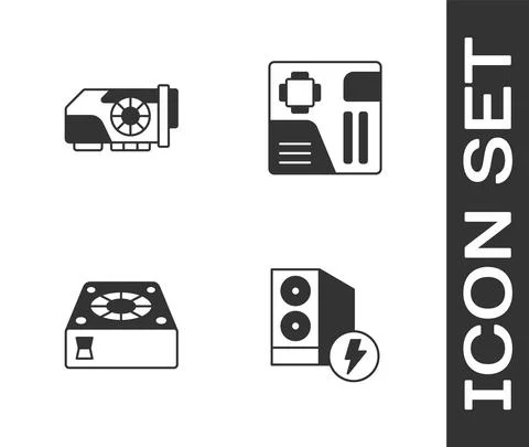 Set Case of computer, Video graphic card, Computer cooler and Motherboard Stock Illustration