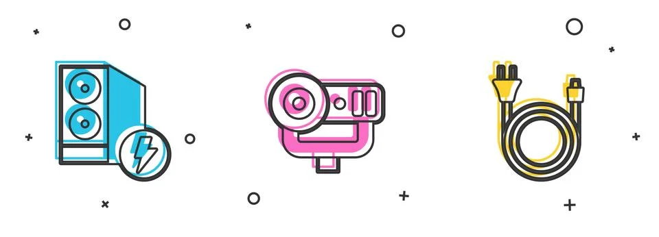 Set Case of computer, Web camera and Electric plug icon. Vector 库存插图