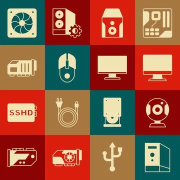 Set Case of computer, Web camera, Computer monitor screen, Uninterruptible power 스톡 일러스트