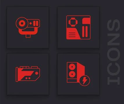 Set Case of computer, Web camera, Motherboard digital chip and Video graphic Stock Illustration