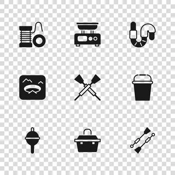 Set Case or box for fishing equipment, Fishing bucket, Oars paddles boat, C.. Stock Illustration