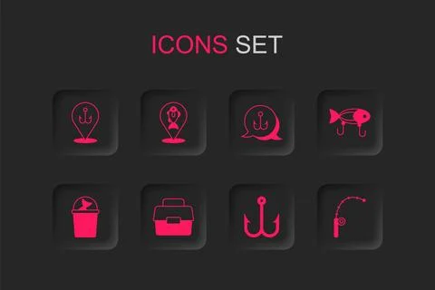 Set Case or box for fishing, Location, Fishing hook, lure, rod,  and bucket.. Stock Illustration