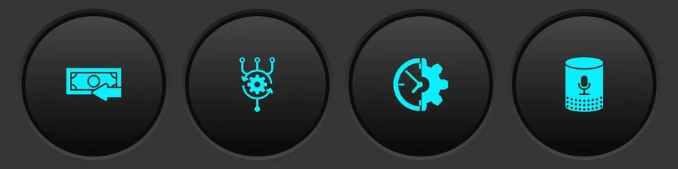 Set Cash back, Algorithm, Clock and gear and Voice assistant icon. Vector Stock Illustration