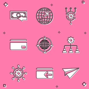 Set Cash back, Globe with flying plane, Algorithm, Credit card, Outsourcing Illustrazione stock