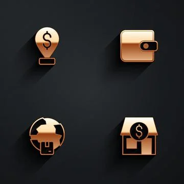 Set Cash location pin, Wallet, Worldwide shipping and Market store icon with Illustrazione stock