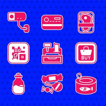 Set Cash register machine, Candy, Canned fish, Buy button, Spice can, QR code Stock Illustration