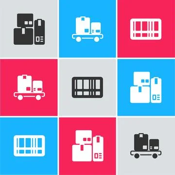 Set Cash register machine, Hand truck and boxes and Barcode icon. Vector 스톡 일러스트
