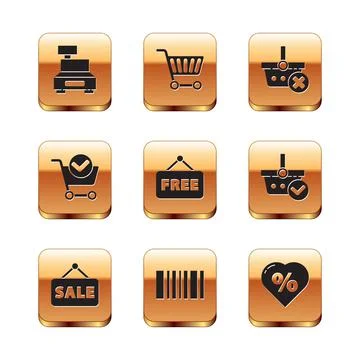 Set Cash register machine, Hanging sign with Sale, Barcode, Price tag text Free Stock-Illustration