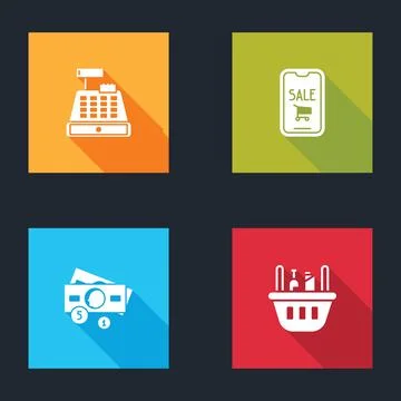 Set Cash register machine, Mobile phone and shopping cart, Stacks paper money Illustrazione stock