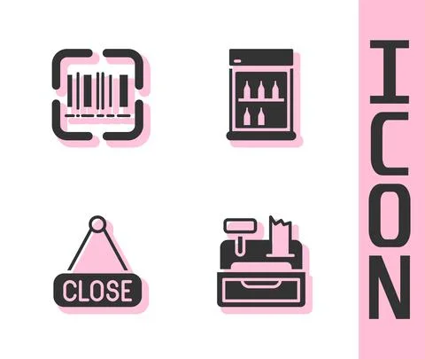 Set Cash register machine, Scanner scanning bar code, Hanging sign with Closed Illustrazione stock