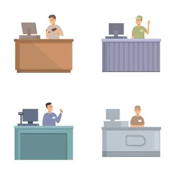 Set of cashiers working at checkout counters Stock Illustration