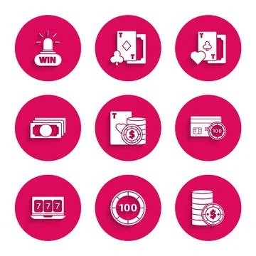 Set Casino chip and playing cards, chips, with dollar, Credit, Online slot Stock Illustration