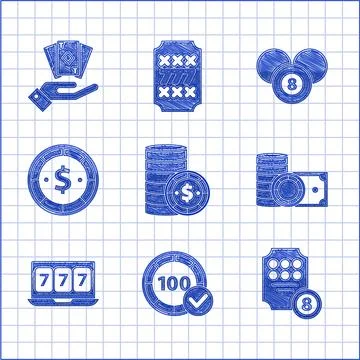 Set Casino chip with dollar, chips, Online slot machine, and stacks money cash Stock Illustration