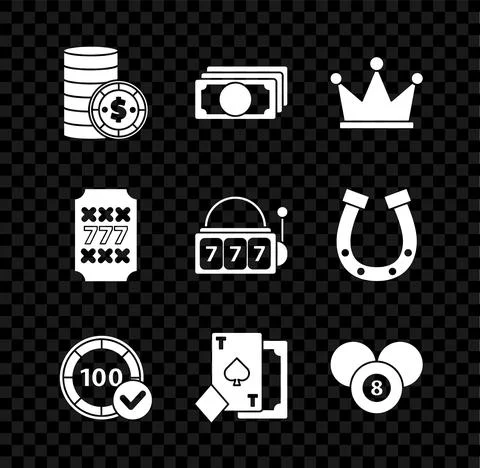 Set Casino chip with dollar, Stacks paper money cash, Crown, chips, Playing card Illustrazione stock
