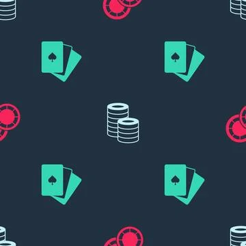 Set Casino chips, and Deck of playing cards on seamless pattern. Vector Stock Illustration