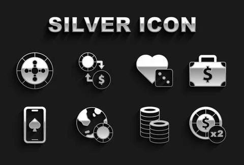 Set Casino chips, Briefcase and money, Online poker table game, Game dice Stock Illustration