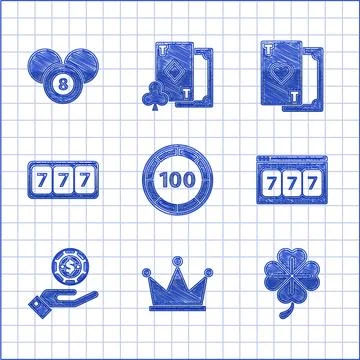 Set Casino chips, Crown, Four leaf clover, Online slot machine with lucky s.. Stock Illustration