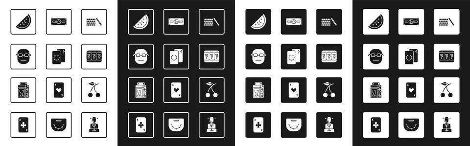 Set Casino chips, Deck of playing cards, Poker player, slot machine with Stock Illustration
