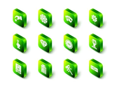 Set Casino chips, Deck of playing cards, slot machine with clover, poker trophy Stock Illustration