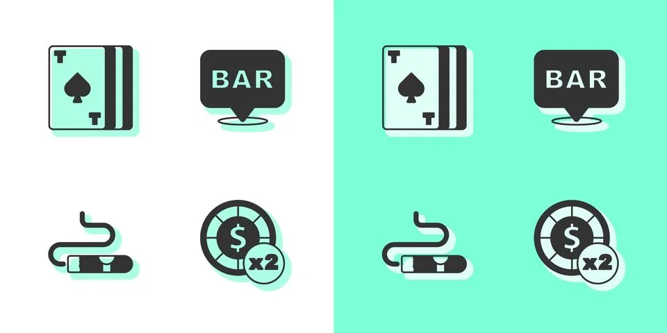 Set Casino chips, Deck of playing cards, Cigar and Alcohol bar location ico.. Illustrazione stock