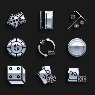 Set Casino chips exchange on stacks of dollars, and playing cards, Game dice Stock Illustration