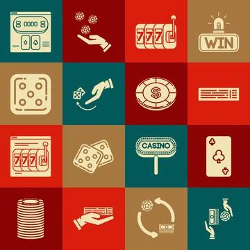 Set Casino chips exchange on stacks of dollars, Deck playing cards, Slot ma.. Stock Illustration