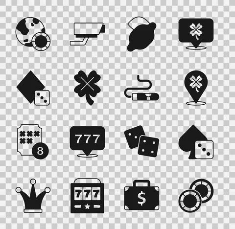Set Casino chips, Game dice, slot machine with clover, lemon, and Cigar icon Stock-Illustration