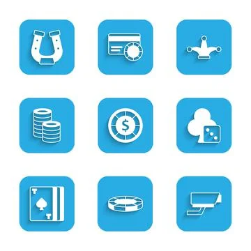 Set Casino chips, Security camera, Game dice, Deck of playing cards, Joker and Stock Illustration