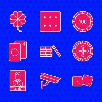 Set Casino chips, Security camera, Game dice, roulette wheel, dealer, Deck of Stock Illustration