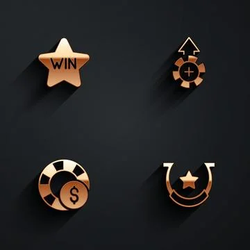 Set Casino win, chips, and Horseshoe icon with long shadow. Vector 스톡 일러스트