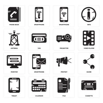 Set of Cassette, File, Tablet, Protest, Monitor, Projector, Antenna, Smartpho 무료 스톡 일러스트