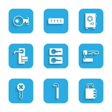 Set Casting keys, Crowbar, Safe combination lock, Marked, Wrong, Digital door Stock Illustration