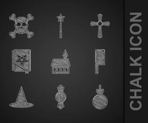 Set Castle, Candy, Bomb ready to explode, Meat chopper, Witch hat, Ancient magic Stock Illustration