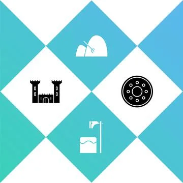 Set Castle, Executioner axe in tree block, Bale of hay and rake and Round wooden Stock Illustration