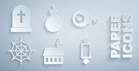 Set Castle, Eye, Spider web, Candy, Bomb ready to explode and Tombstone with Ilustración de archivo