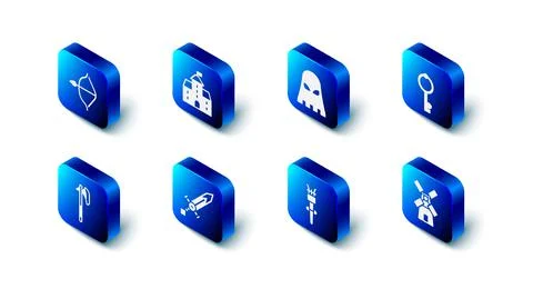 Set Castle, fortress, Executioner mask, Old key, Windmill, Torch flame, Medie Stock Illustration