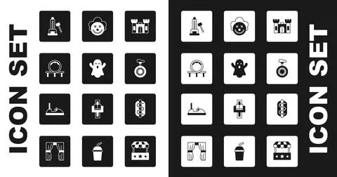 Set Castle, Ghost, Roller coaster, Striker attraction with hammer, Unicycle or Stock Illustration