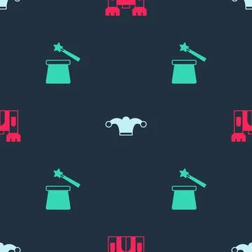 Set Castle, Jester hat with bells and Magic and wand on seamless pattern. Vector Illustrazione stock