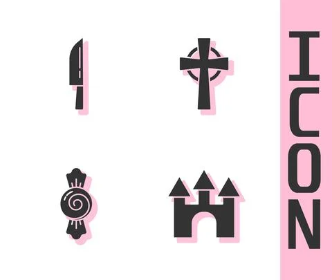 Set Castle, Knife, Candy and Tombstone with cross icon. Vector Illustrazione stock