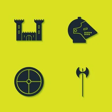 Set Castle, Medieval axe, Round wooden shield and iron helmet icon. Vector Stock Illustration