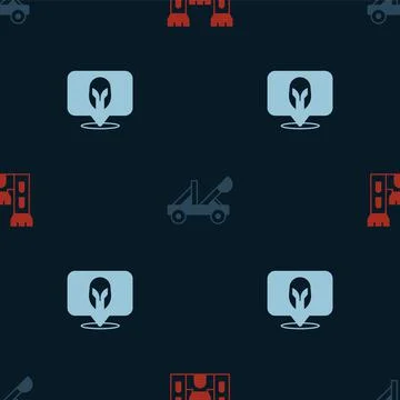 Set Castle, Medieval catapult and helmet on seamless pattern. Vector Stock Illustration