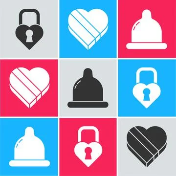 Set Castle in the shape of a heart, Candy in heart shaped box and Condom icon Stock-Illustration