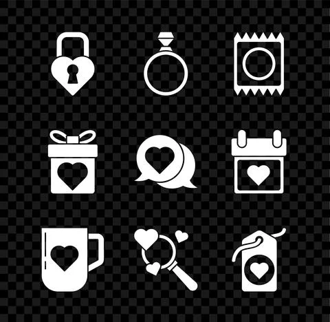 Set Castle in the shape of a heart, Diamond engagement ring, Condom package Stock-Illustration