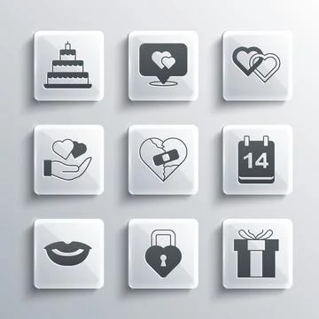 Set Castle in the shape of heart, Gift box, Calendar with February 14, Healed Illustrazione stock