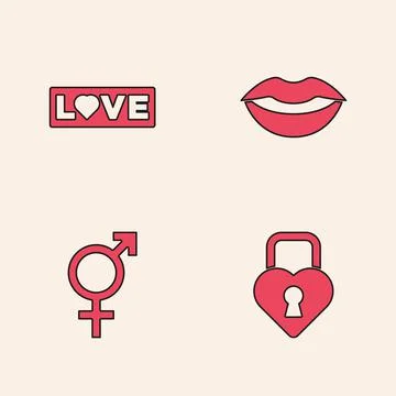 Set Castle in the shape of heart, Love text, Smiling lips and Gender icon Stock Illustration