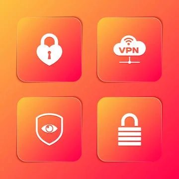 Set Castle in the shape of heart, VPN Network cloud connection, Shield and eye Illustrazione stock
