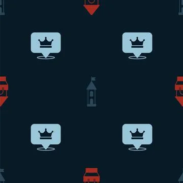 Set Castle tower,  and King crown on seamless pattern. Vector Ilustración de archivo